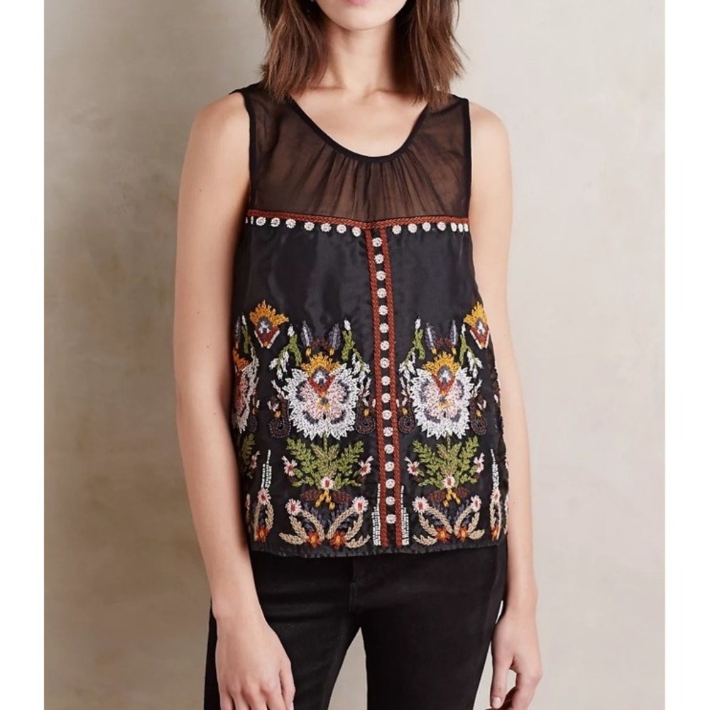 Anthropologie Floreat Nalini Embroidered Tank Top Women's Sz 4 Mesh Beaded Fairy
